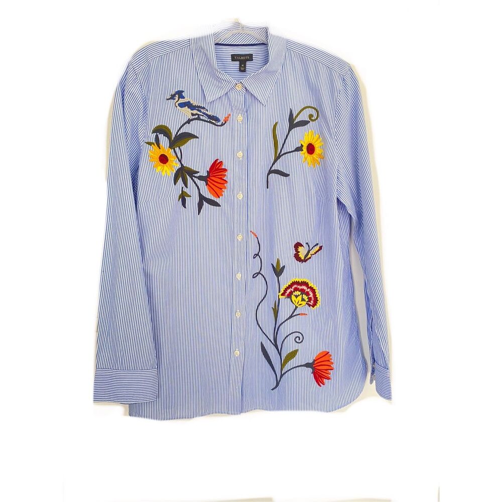 Talbots Blue Striped/Embroidered Button Down Shirt Sz M